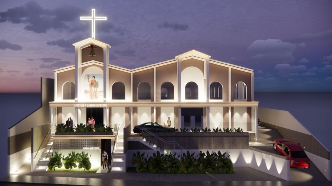 Projeto da nova Matriz da Paróquia Santo Expedito — detalhe da fachada iluminada