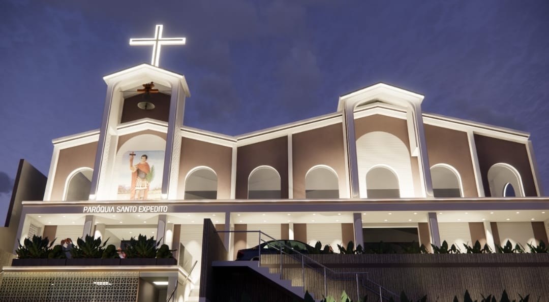 Projeto da nova Matriz da Paróquia Santo Expedito — vista noturna iluminada